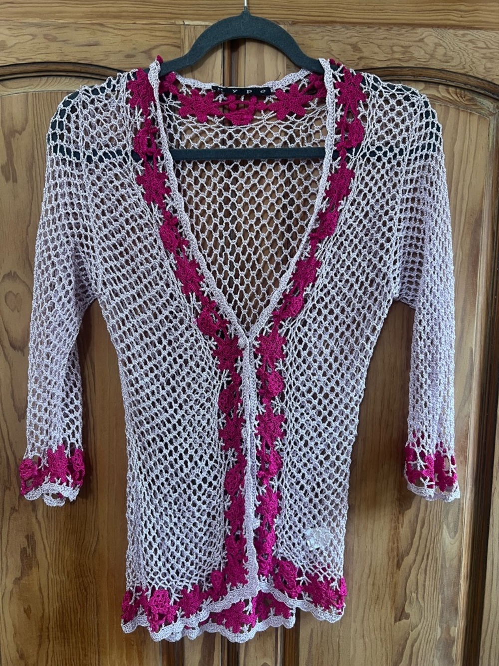 Hype Open Knit Crochet Lavender Cardigan with Pink Floral Trim